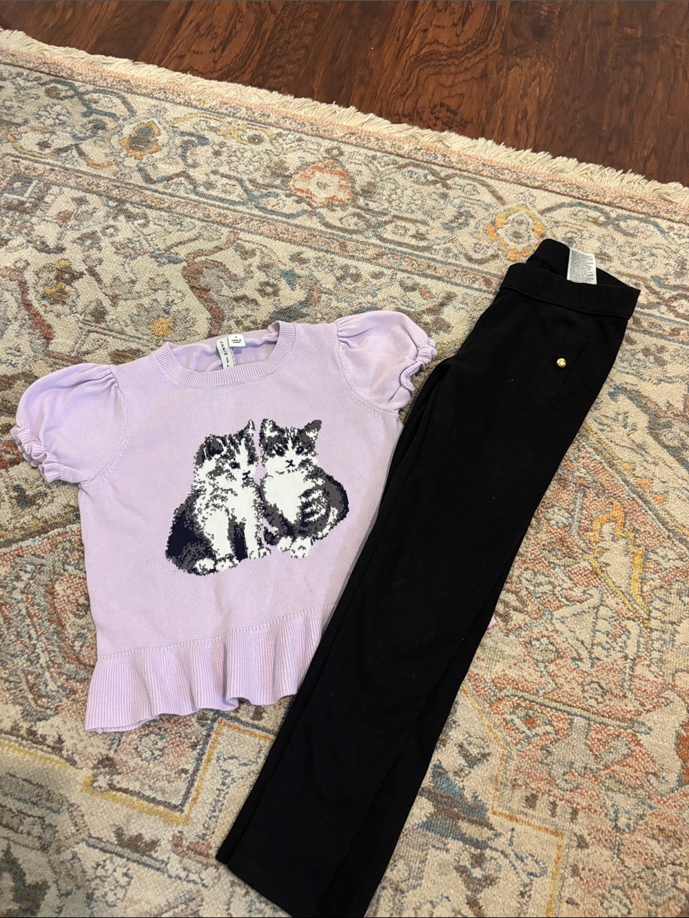 Kids Purple Puff-Sleeve Top with Kitten Graphic